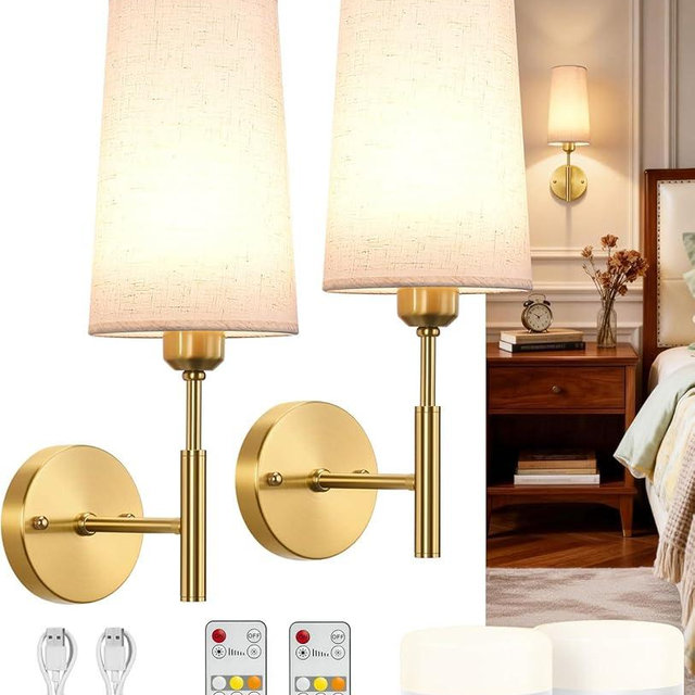 Glitnous Battery Operated Wall Sconce Set of Two, Gold Rechargeable Wall Sconce, 13000mAh Wireless Wall Sconce with Remote, No Wire Dimmable Wall Lamp/Light for Bedroom, Beige Linen Fabric