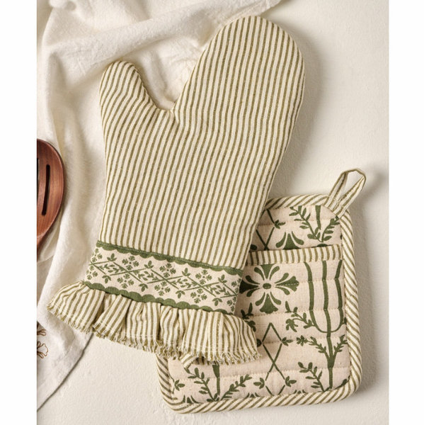 Magnolia Olive Pin Stripe Oven Mitt + Pot Holder Set