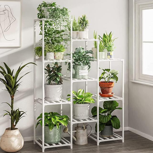 Bamworld Plant Stand Indoor Outdoor Plant Shelf 7-Tier 10 Potted White Bamboo Plant Shelves Flower Stand Planter Display Plants Rack for Patio Balcony Living Room