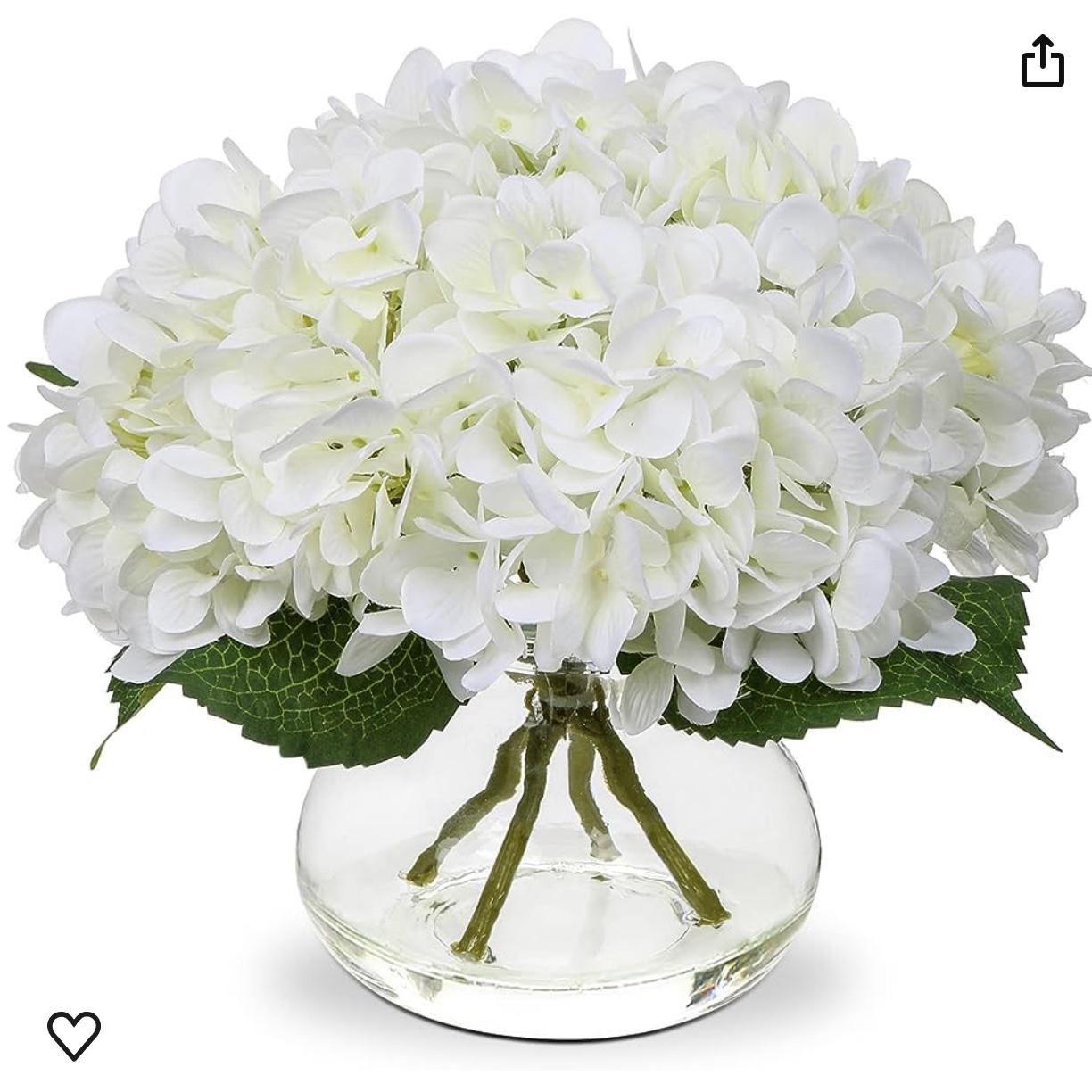 Hydrangea Artificial Flowers with Vase White Silk Fake Flowers Arrangements in Glass Vase with Faux Water for Home Bathroom Office Table Centerpiece Shelf Decorations