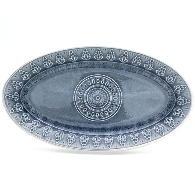 Euro Ceramica Fez Collection Ceramic Reactive Crackleglaze Oval Serving Platter, Teardrop Mandala Design, Gray