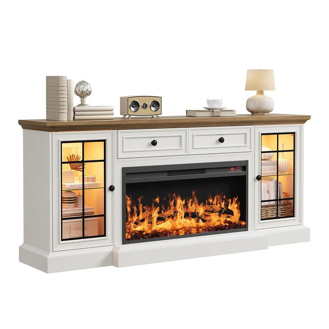 RNLRNL Fireplace TV Stand Up to 80" TVs, 70'' Modern Entertainment Center with 36" Electric Fireplace & LED Lights, Farmhouse Media Console with Storage Cabinet & Drawer for Living Room, Antique White
