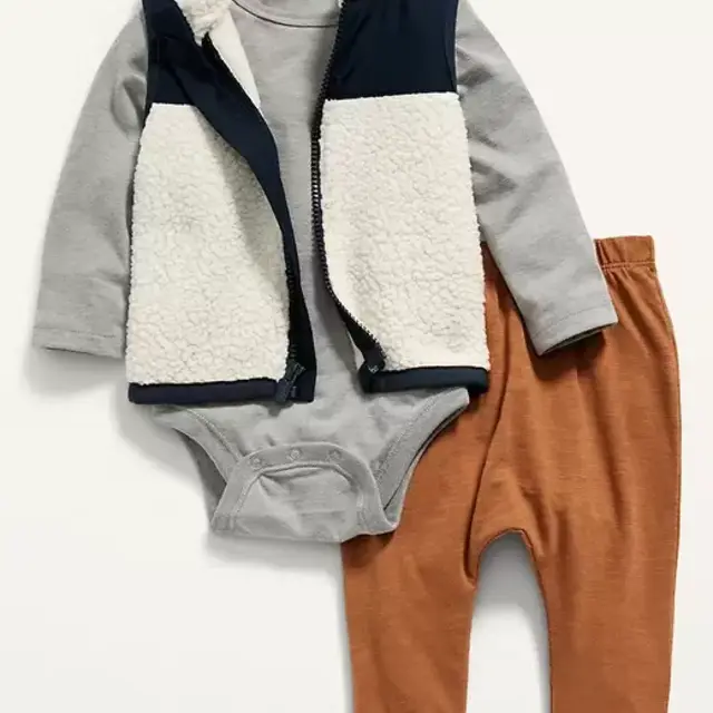Unisex Sherpa Vest, Bodysuit & Pants 3-Piece Set for Baby
