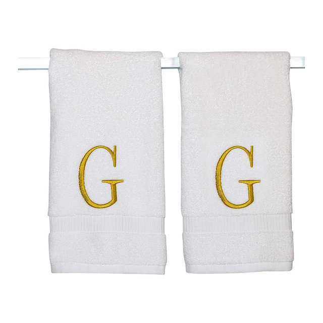 Decorvo Monogrammed Hand Towels for Bathroom - Luxury Hotel Quality Personalized Initial Decorative Embroidered Bath Towel for Powder Room, Spa - GOTS Organic Certified - Set of 2 Gold Letter G