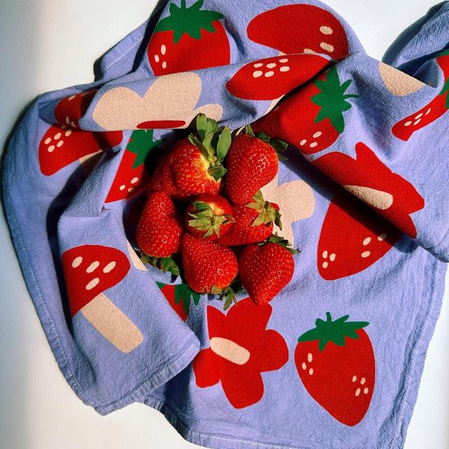 screen printed tea towel. berry shroom on purple. flour sack cotton kitchen towel. hostess housewarming gift. fruit. mushroom. floral.
