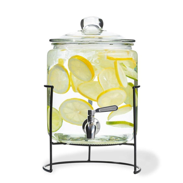 Glass Drink Dispenser with Stand - 1 Gallon Large Beverage, Juice & Water Dispenser for Parties with Spout- Stainless Steel Spigot & Airtight