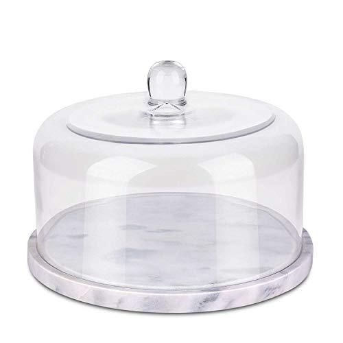 Flexzion Marble Cake Stand Base w/Roomy Glass Cover Dome, Multifunctional Serving Platter, Cutting Board Slab - Heavy Weight Cheese Dish Holder Set for Baker Baking Bakery Chef Cookie Pastries, 11 in