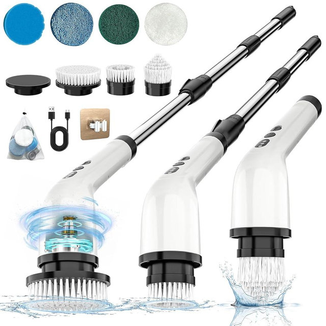 Electric Spin Scrubber, FARTVOLUS Cordless Cleaning Brush with 8 Replaceable Brush Heads, Bathroom and Floor Tile 360 Power Scrubber Dual Speed with Extension Handle for Bathtub, Kitchen, Window