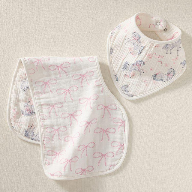 Organic Unicorn Bows Reversible Muslin Bib / Burp Set , Multi