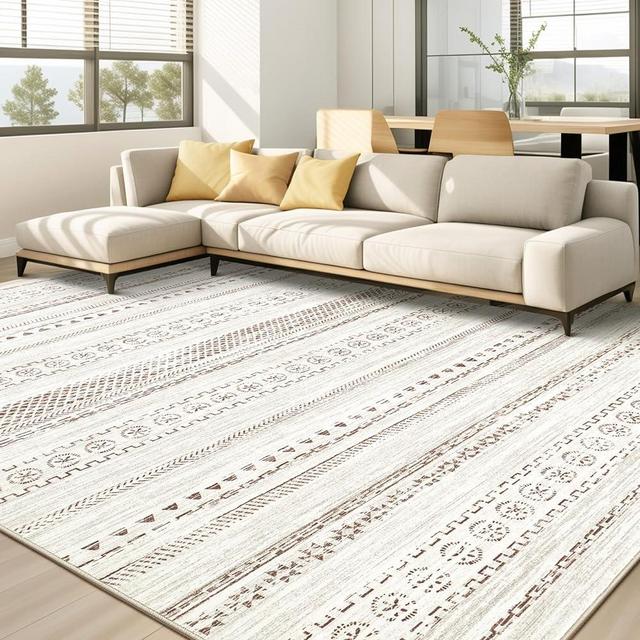 Area Rug Living Room Rugs - 5x7 Washable Boho Farmhouse Bohemian Neutral Large Rug Moroccan Geometric Soft No Slip Indoor Rug Thin Floor Carpet for Bedroom Under Dining Table Home Office Decor - Brown