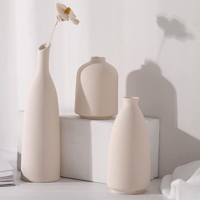 Beige Ceramic Vase for Home Decor, Small Flower Vases Set - 3 for Modern Rustic Farmhouse, Decorative Vase for Pampas Grass & Dried Flowers, Idea Bookshelf Décor, Dining Table Decor