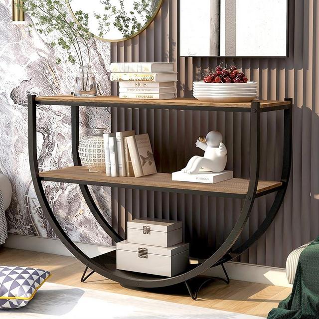 P PURLOVE Retro Style Console Table 2 Tier Sofa Table for Entryway with Storage Shelves Metal Frame (Brown)