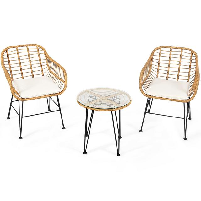 Tangkula 3 Pieces Patio Furniture Set w/Tempered Glass Coffee Table Set for Garden and Backyard White Cushions