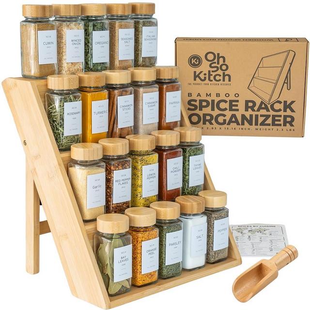 Bamboo Spice Rack Organizer For Kitchen Drawer, Countertop & Cabinet - Sturdy Shelf Seasoning Rack with Wooden Spoon - 3 Tiered, Foldable Storage Standing with Anti-Slip Pads (No Jars Included)