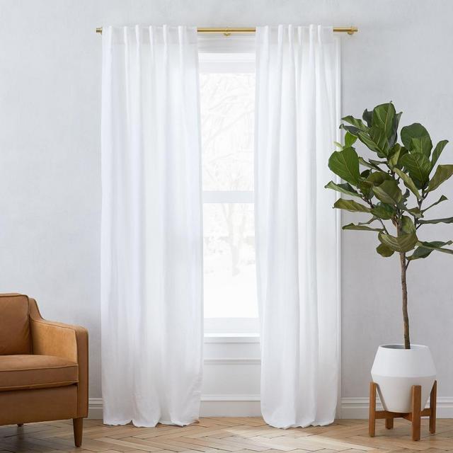 European Flax Linen Curtain with Cotton Lining, White, 48"x96", Set of 2