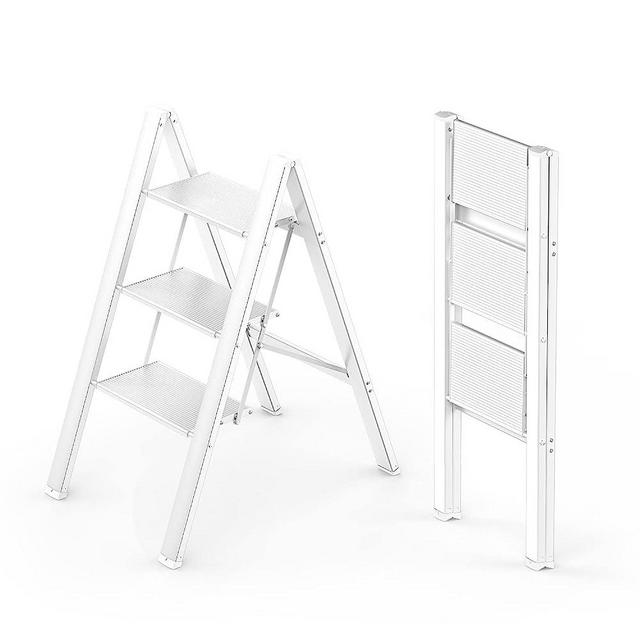 WOA WOA 3 Step Ladder, Folding Stepladder with Anti-Slip Pedal, Lightweight Portable Ladders, Aluminum Step Stool for Home, Kitchen, Office 300lbs - White
