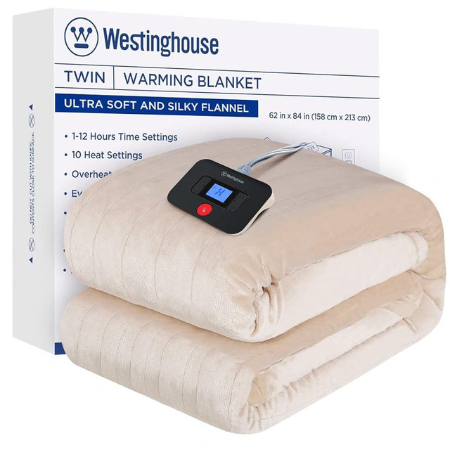 Westinghouse Electric Blanket Twin Size, Super Cozy Soft Flannel 62"" x 84"" Heated Blanket with 10 Fast Heating Levels & 1-12 Auto-Off, Machine Washable, ETL&FCC Certification, Beige