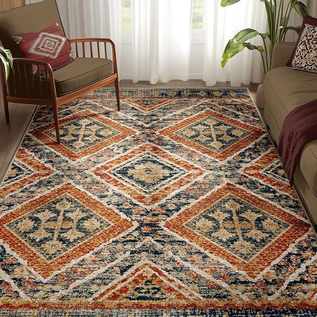 Area Rug 5x7 Rug Machine Washable Non-Slip Low Pile Print Pattern Western Rug for Living Room Bedroom Entryway-Orange/Brown