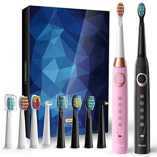 2 Sonic Electric Toothbrushes 5 Modes 8 Brush heads USB Fast Charge Powered Toothbrush Last for 30 Days, Built-in Smart Timer Rechargeable Toothbrushes for Adults and Kids (1 Black And 1 Pink) SY-508