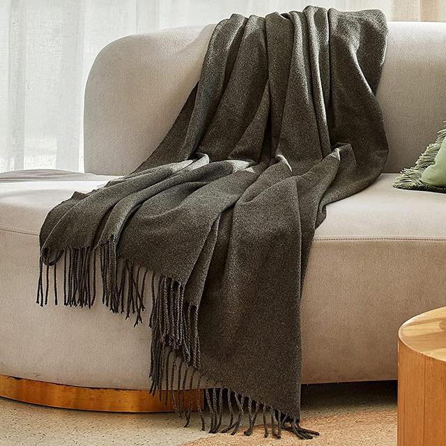 La Jolie Muse Soft Throw Blanket for Couch Sofa - Cozy Melange Faux Cashmere Throw Blanket with Twisted Tassels, Gray, 50 × 60 Inch, for Women