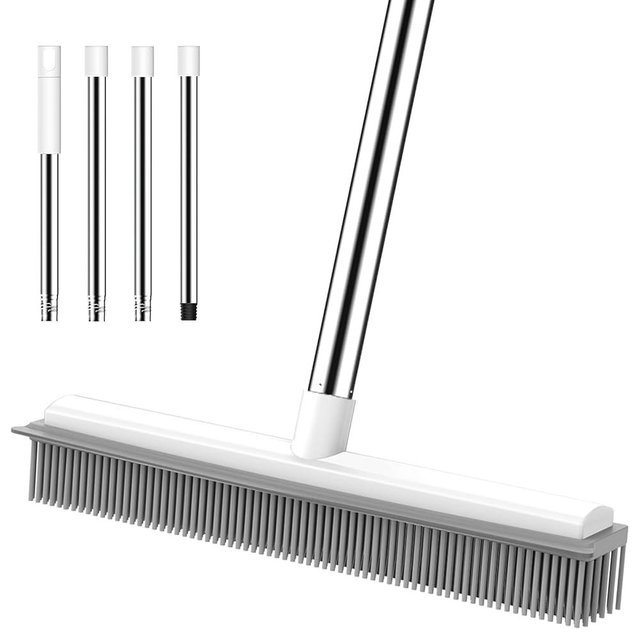 nacena Rubber Broom, 2 in 1 Pet Hair Removal Broom with Squeegee 51-in Adjustable Long Handle Carpet Broom for Cleaning Carpet Hardwood Floor Tile Window, Grey&White