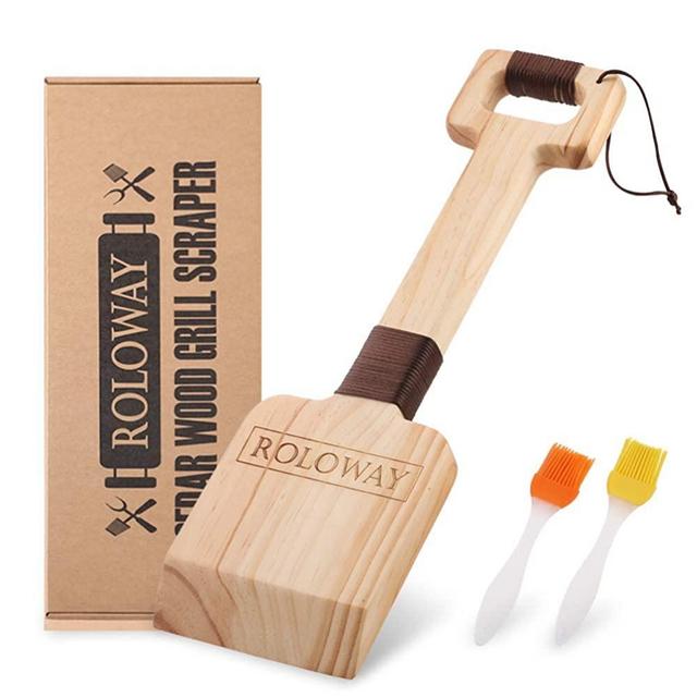 ROLOWAY Cedar Wood Grill Scraper, Wooden Grill Cleaner Scraper, Grill Brush Wood BBQ Scraper, Natural/Safe/Bristle-Free Wooden Barbecue Grill Grate Cleaner with Gift Box & 2 Basting Brushes