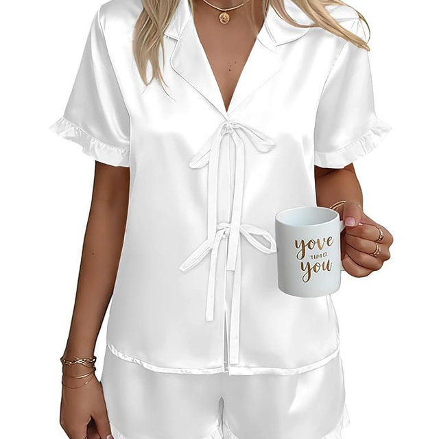Ekouaer Satin Pajama for Women Short Sleeve Silky Pj Short Set Bow Front Tie Up Loungewear Sleepwear
