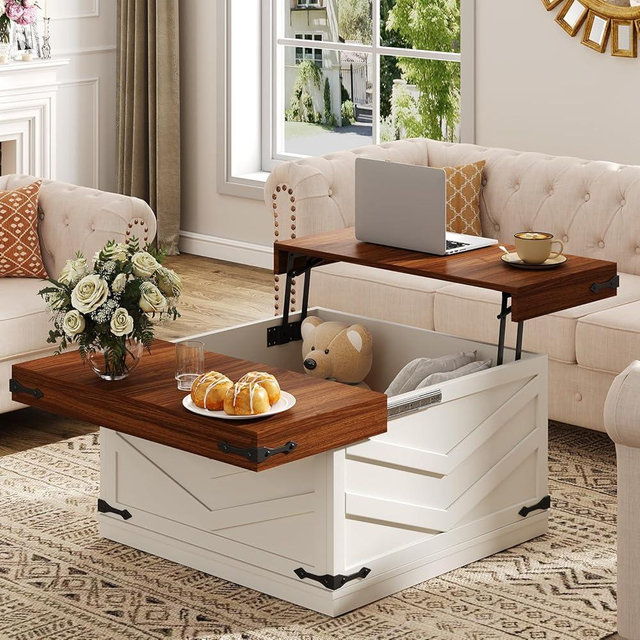 UNIQUITE 31.5'' Lift Top Coffee Table, Sliding Top Square Center Table with Large Hidden Storage Organizer, Multi-Functional Farmhouse Coffee Tables for Living Room, Bedroom, Home Office, White