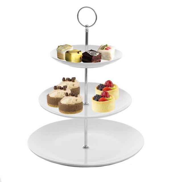 Gibson White Ceramic 3-Tier Server Stand With Graduated Size Plates Large Food Server Display Trays
