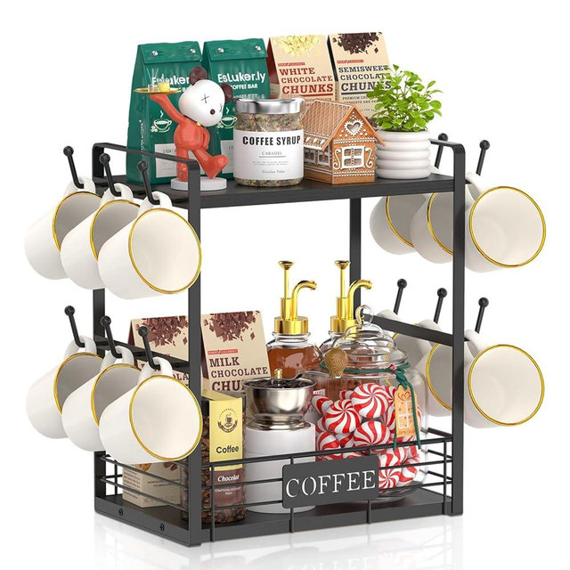 EsLuker.ly Coffee Mug Cup Holder Tree Bar Station Organizer, 2 Tier Mug Stand Rack for Countertop Kitchen, Storage Tower Display Shelf with 12 Hooks, Coffee Nook Enhancer, Black