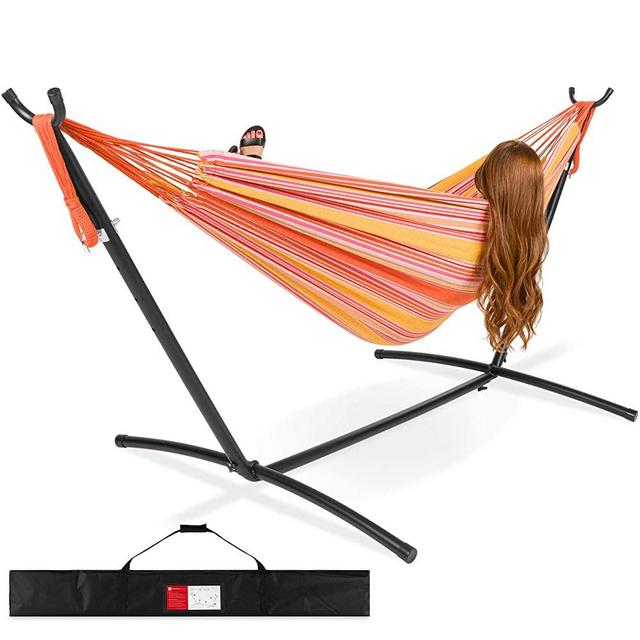 Best Choice Products 2-Person Indoor Outdoor Brazilian-Style Cotton Double Hammock Bed w/Carrying Bag, Steel Stand, Sunset
