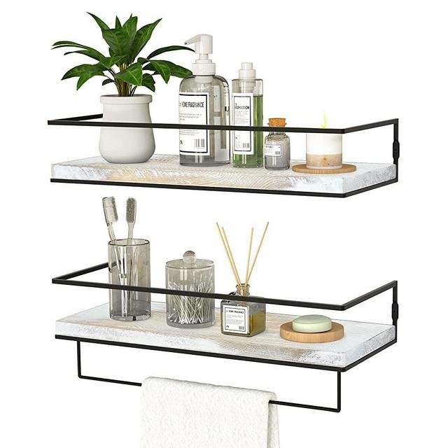 ZGO Floating Shelves for Wall Set of 2, Wall Mounted Storage Shelves with Black Metal Frame and Towel Rack for Bathroom, Bedroom, Living Room, Kitchen, Office (Washed White)…