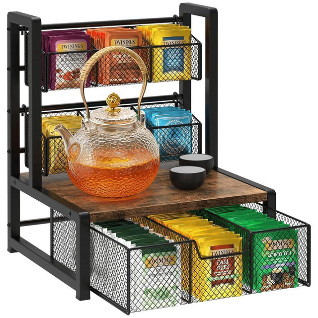 Homode Tea Bag Organizer, 3 Tier Tea Storage Container Box, Wood Tea Station Caddy, Teabag Holder Stand with Drawer Basket, Large Tea Chest Display Rack for Countertop Cabinet Office, Rustic Brown