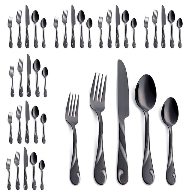 Seeshine Black Silverware Set for 8, 40-Piece Stainless Steel Flatware Set, Shiny Black Metal Cutlery Set, Include Fork, Knife and Spoon Set, Dishwasher Safe