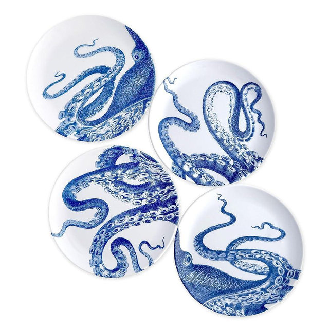 Caskata Lucy the Octopus Melamine Small Plates, Set of 4 | Appetizer Plates for Entertaining and Everyday Use | Perfect for Home, Beach, Pool and Gifting | Blue on White Color | in