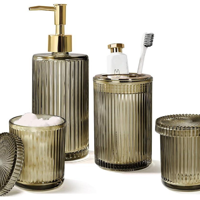KASUNTING Brown Glass Bathroom Accessories 4 Pcs, Brown Bathroom Set, Soap Dispenser and Toothbrush Holder Set, Qtip Holder Set, Vintage Bathroom Sink Set, Modern Bathroom Decor