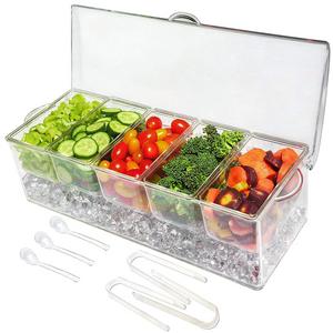 Elegant Events - Ice Chilled 5 Compartment Condiment Server Caddy - Serving Tray Container with 5 Removable Dishes with over 2 Cup Capacity Each and Hinged Lid | 3 Serving Spoons + 3 Tongs Included