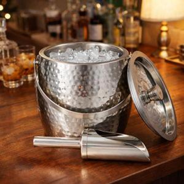 BREKX 3-QT Insulated Ice Buckets for Parties with Lid and Scoop - Iceberg Anchored Wine Chiller Champagne Bucket for Cocktail Bar, Metal Bucket with Lid, Non-Sweat