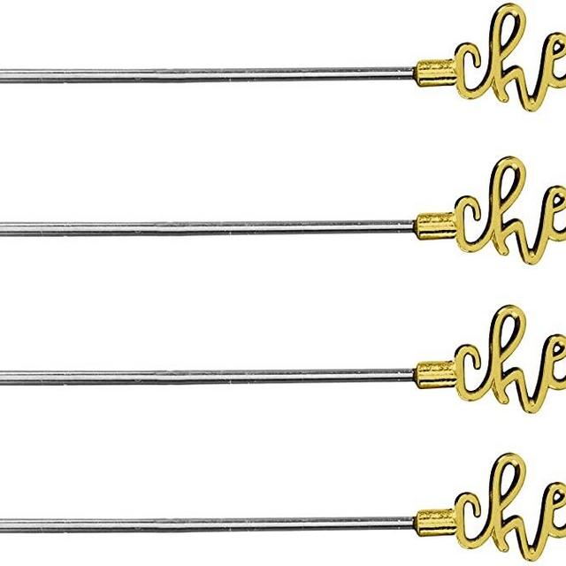 Palais Essentials Stainless Steel Cocktail Picks - Reusable Wedding Martini Picks - Set of 4-5.25 Inches Long (Gold,"Cheers")
