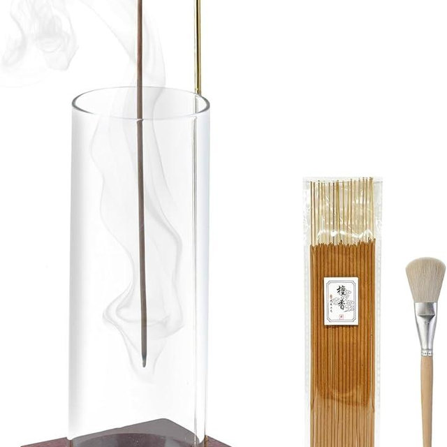 Ceremony Incense Holder, Wooden Incense Holder for Sticks with Glass Ash Catcher, Anti-ash Incense Burner with 20 Incense Sticks and a Ash Brush for Meditation Yoga Spa Room Decor