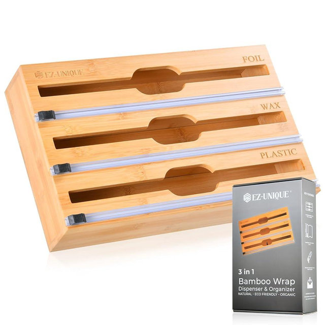 Bamboo Wrap Organizer With Cutter For Foil, Wax Paper And Cling Wrap. Plastic Wrap Organizer, 3in1 Wrap Dispenser With Cutter For 12” rolls, Ideal For Kitchen Storage Organization by EZ-UNIQUE.