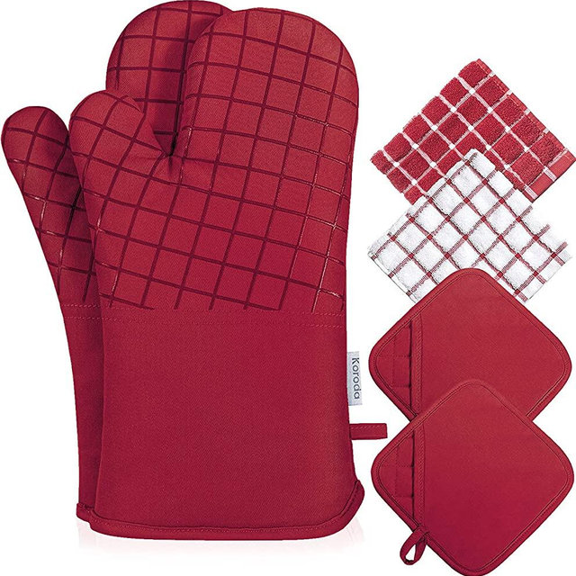 Koroda Oven Mitts and Pot Holders Sets: Heat Resistant Silicone Oven Mittens with Towels and Hot Pads Potholders Gloves for Kitchen Cooking and Baking (Set of 6, Red)