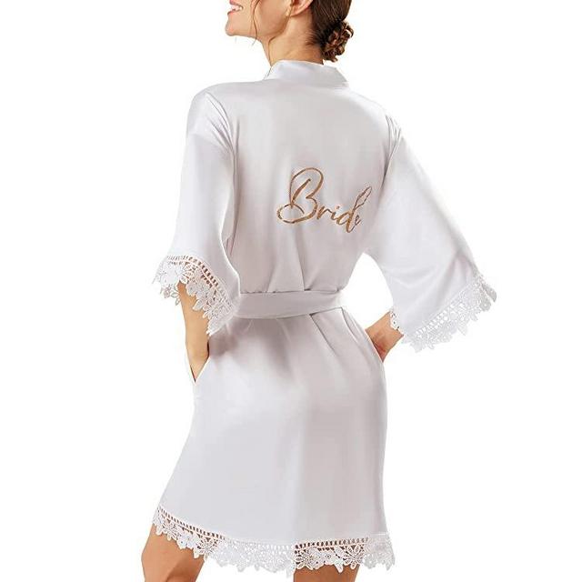 AW BRIDAL Floral Bride Robe Bridesmaid Robes Short Silk Robe Lace Kimono Robe Satin Bridal Party Robes for Women, S-XL