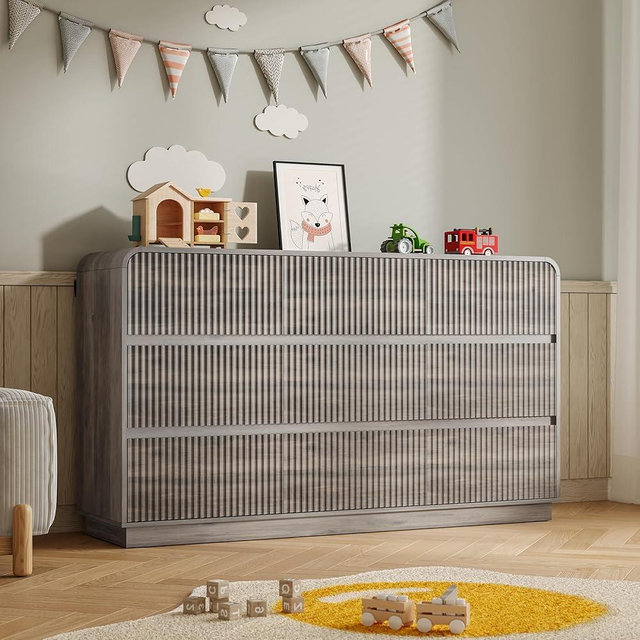 BORNOON Dresser for Bedroom with 9 Drawers, Fluted Chest of Drawers with Round Curved Corner, Hidden Handles, Modern Wood Storage Organizer for Bedroom, Nursery, Living Room
