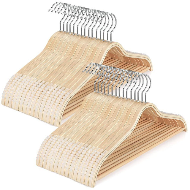TOPIA HANGER Sleek Wooden Hangers with Non-Slip Rubber Grips, Sweater Hangers No Shoulder Bump, Lightweight Clothes Hangers 30-Pack, 360° Swivel Hook and Pants Bar-CT63N30