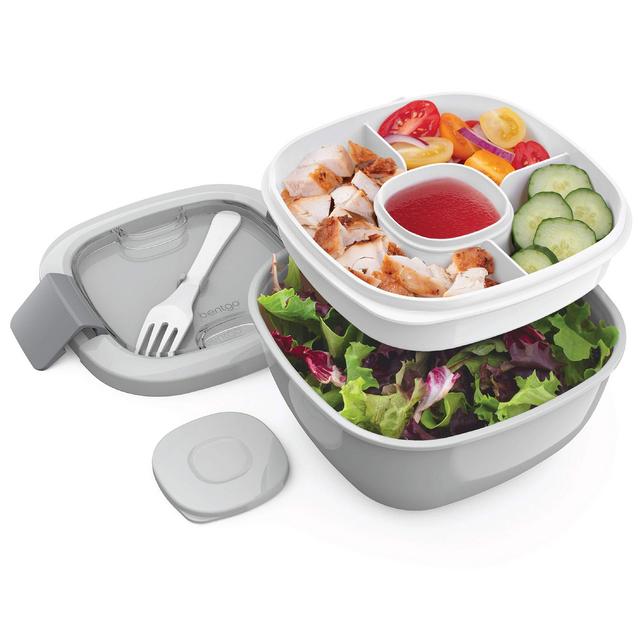 Bentgo® Salad - Stackable Lunch Container with Large 54-oz Salad Bowl, 4-Compartment Bento-Style Tray for Toppings, 3-oz Sauce Container for Dressings, Built-In Reusable Fork BPA-Free (Gray)