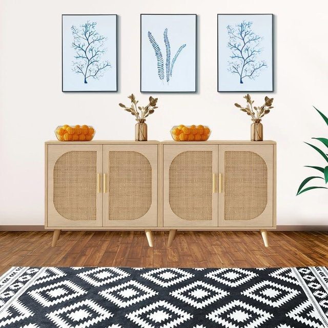 Vistavie Buffet Cabinet with 2 Doors, 4 Compartments - Rattan Accent Bathroom Sideboard for Hallway, Entry or Living Room