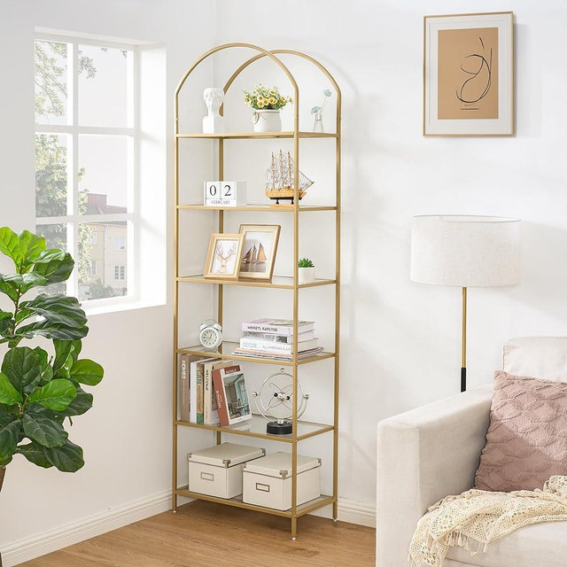 Homhedy 6-Tier Bookshelf Arched Display Racks,Metal Bookcase,Tempered Glass Shelves,Storage Rack Shelf for Home Office,Living Room,Bedroom, Bathroom,Modern Style,Golden