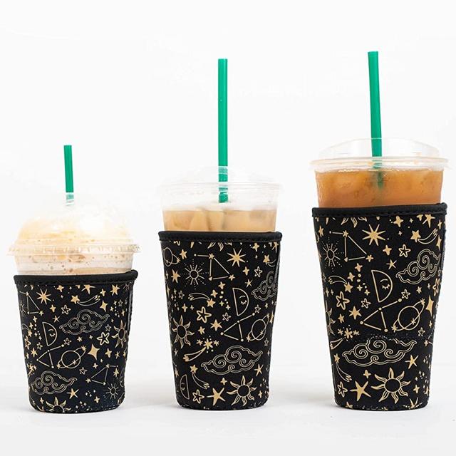 Baxendale Iced Coffee Sleeve for Cold Drink Cups - 3 Pack - Neoprene Iced Coffee Sleeve Cup Sleeves for Cold Drinks Reusable and Compatible with Starbucks, Dunkin (3 PK Sm-Med-Lg, Black Wanderlust)