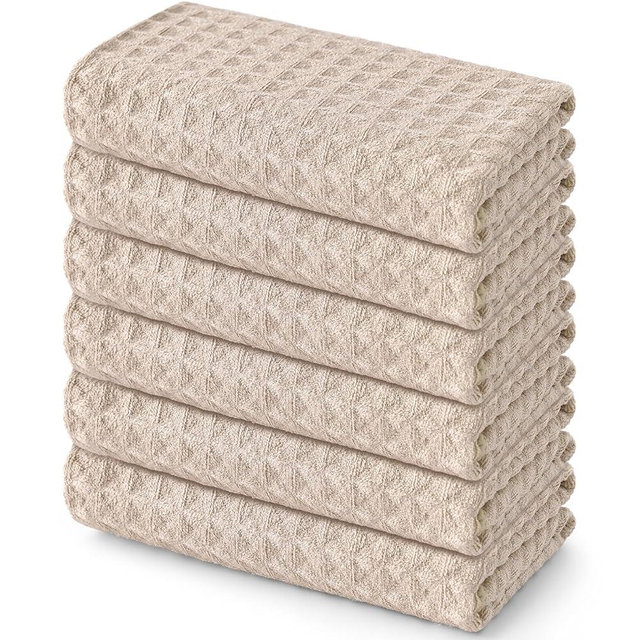 Homaxy Premium Microfiber Waffle Weave Kitchen Towels, 16 x 28 Inch Ultra Absorbent and Solid Color Dish Towels, 6 Pack, Beige